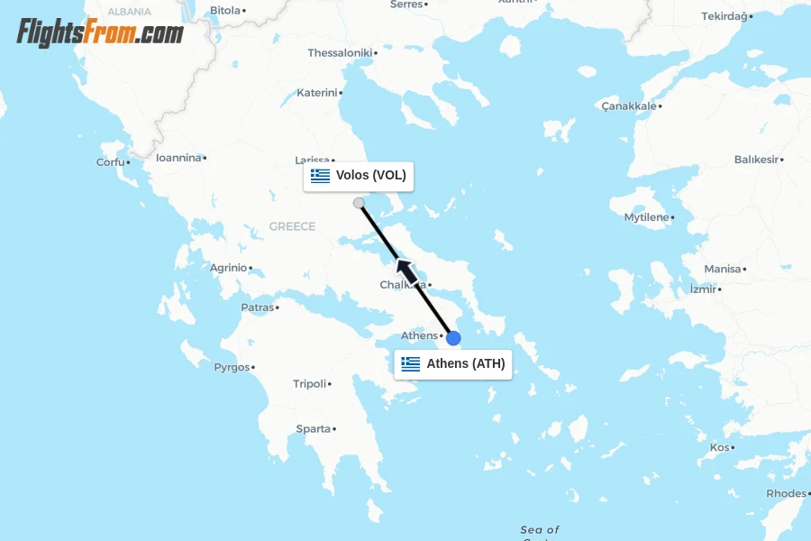 Flights from Athens to Volos route map