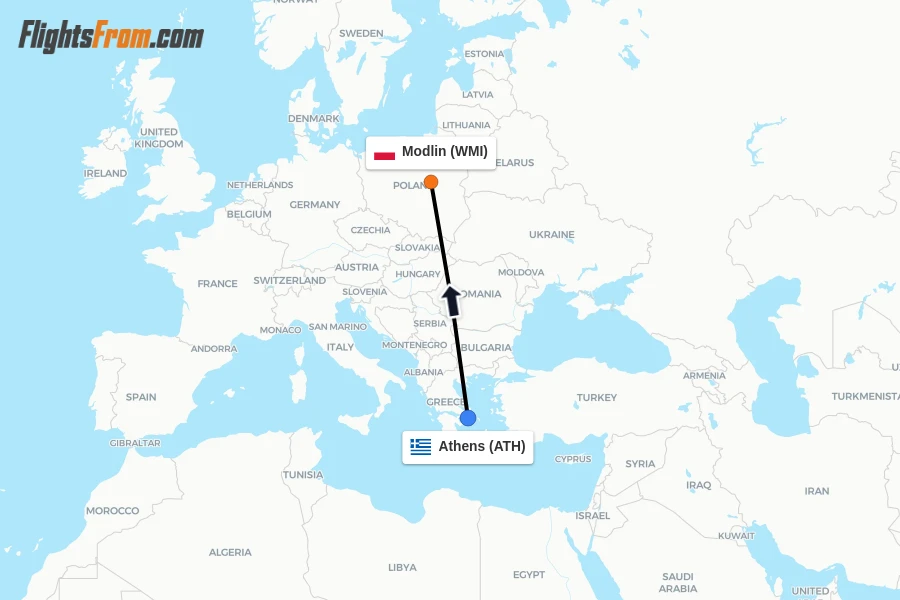Flights from Athens to Modlin route map