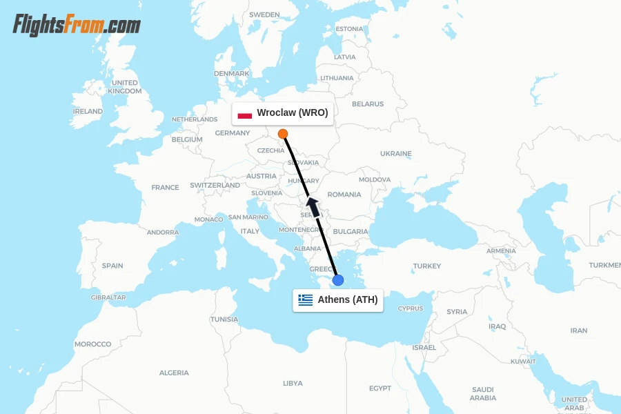 Flights from Athens to Wroclaw route map