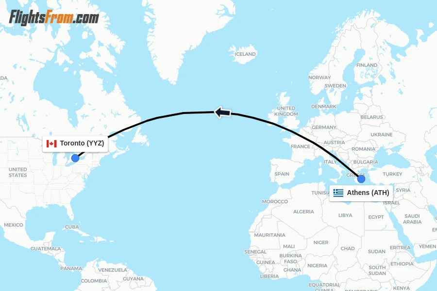 Flights from Athens to Toronto route map