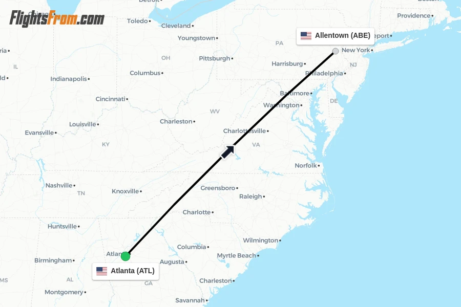 Flights from Atlanta to Allentown route map