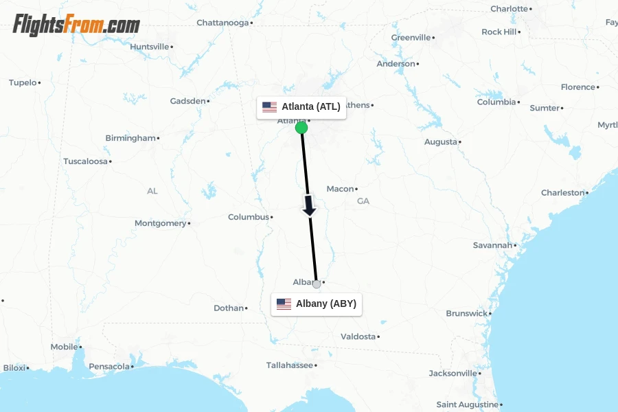 Flights from Atlanta to Albany route map