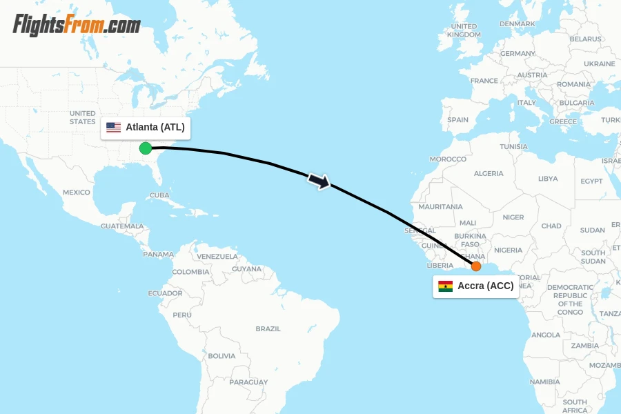 Flights from Atlanta to Accra route map