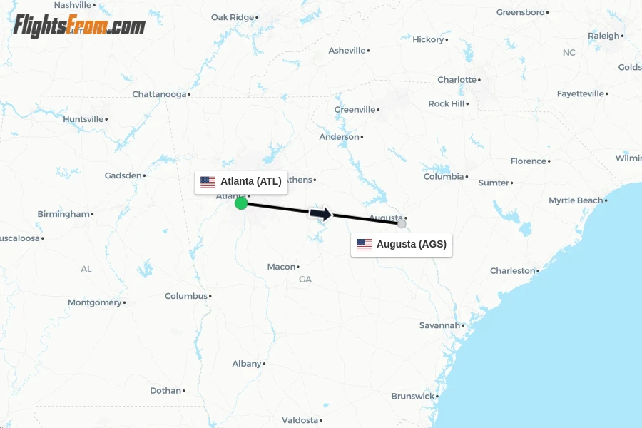 Flights from Atlanta to Augusta route map