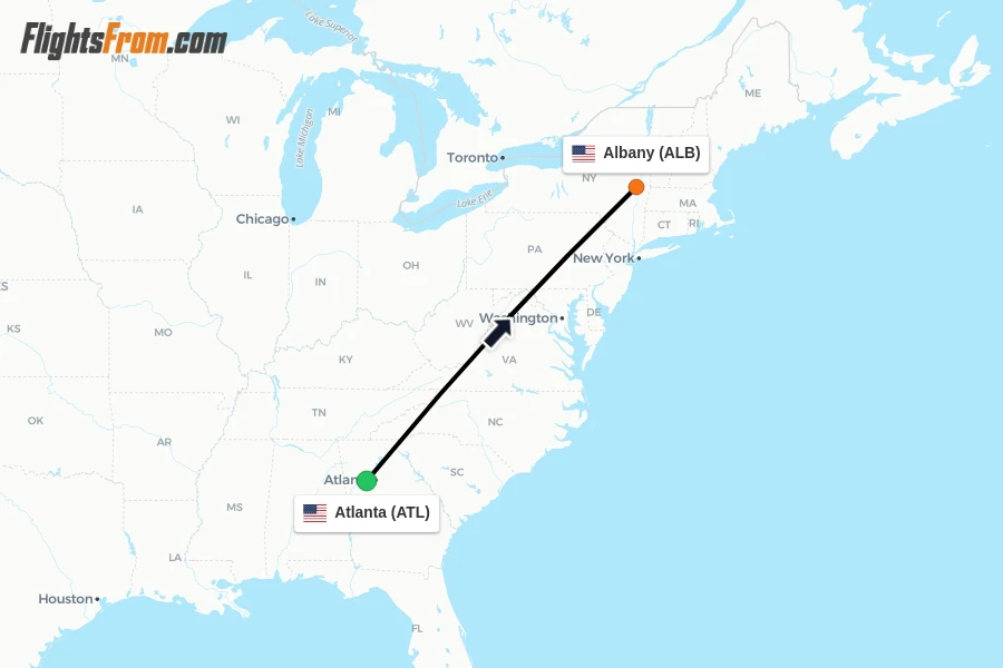 Flights from Atlanta to Albany route map