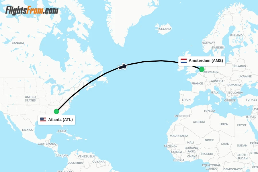 Flights from Atlanta to Amsterdam route map