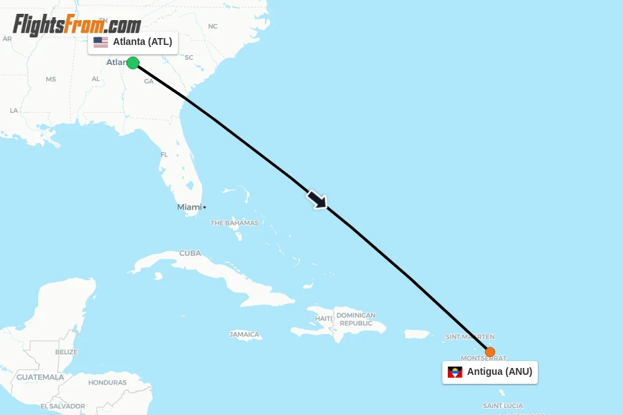 Flights from Atlanta to Antigua route map