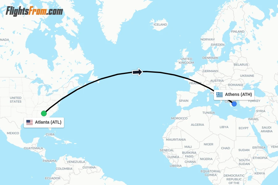 Flights from Atlanta to Athens route map