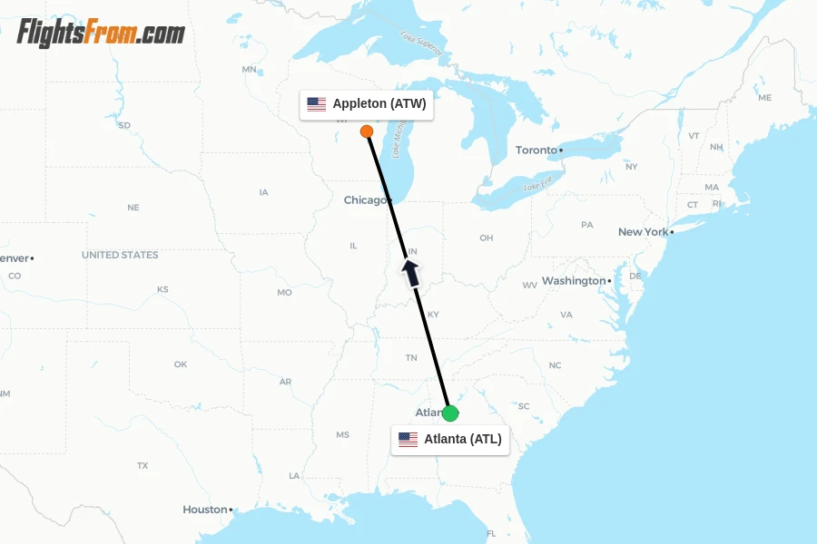 Flights from Atlanta to Appleton route map