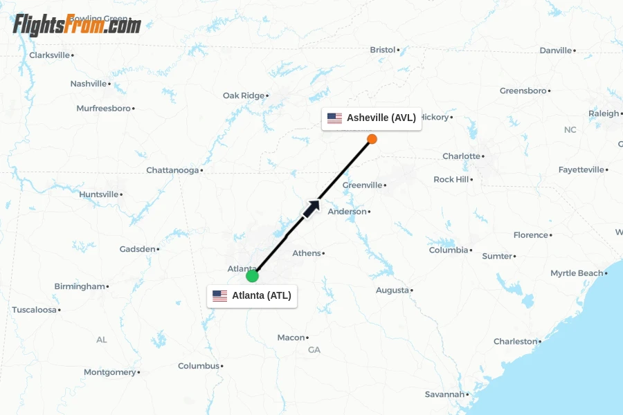 Flights from Atlanta to Asheville route map