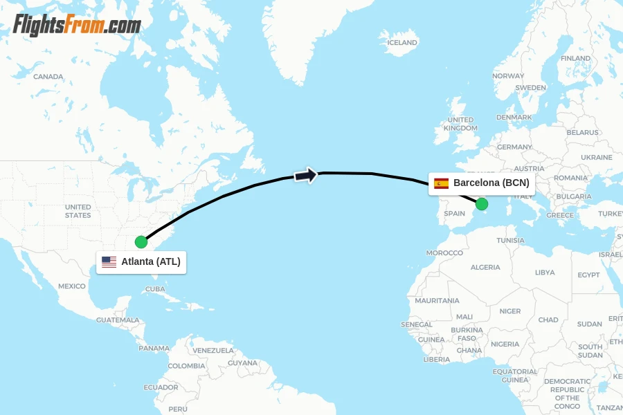 Flights from Atlanta to Barcelona route map