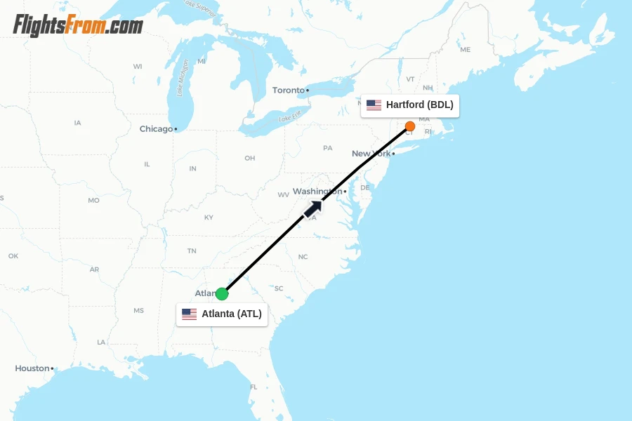 Flights from Atlanta to Hartford route map