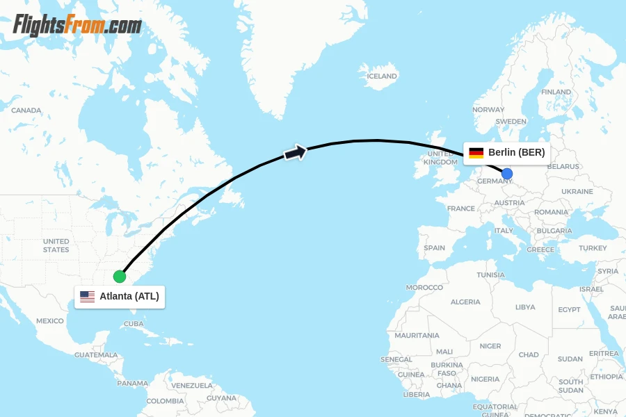 Flights from Atlanta to Berlin route map