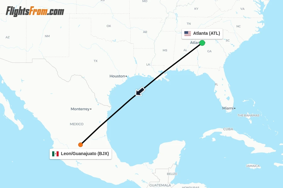 Flights from Atlanta to Leon/Guanajuato route map