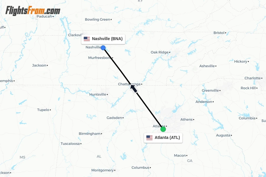 Flights from Atlanta to Nashville route map