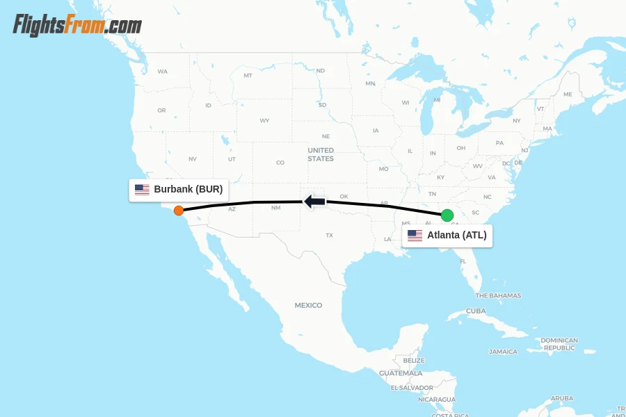 Flights from Atlanta to Burbank route map