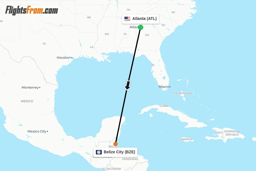 Flights from Atlanta to Belize City route map