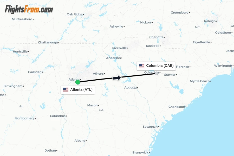 Flights from Atlanta to Columbia route map