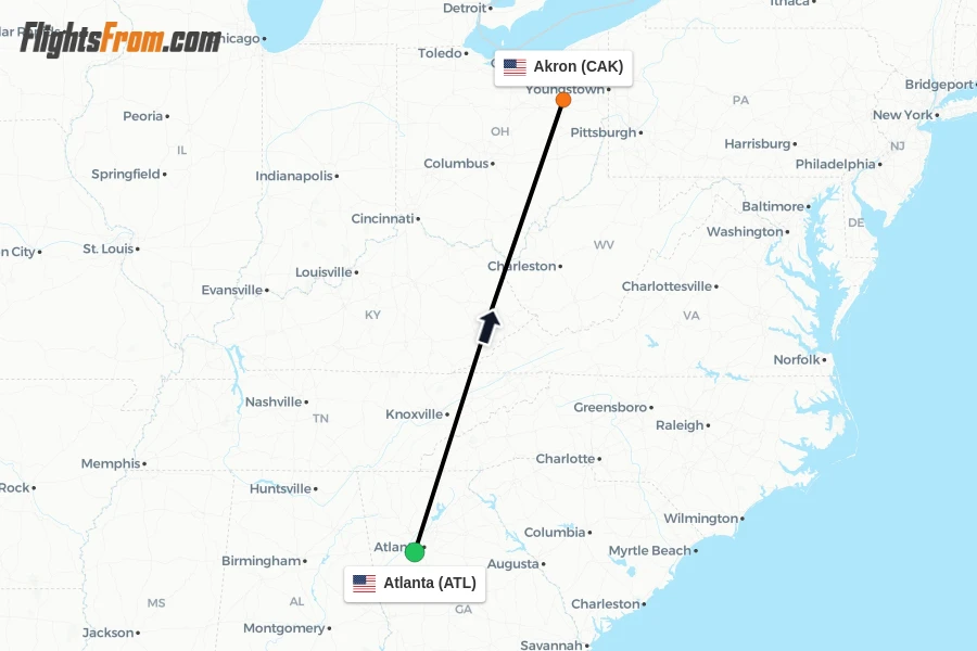 Flights from Atlanta to Akron route map