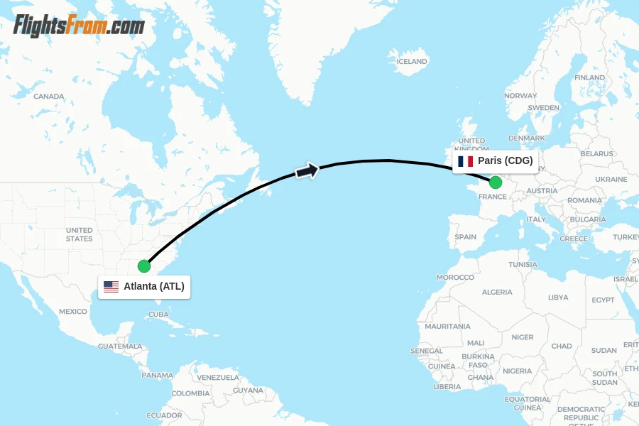 Flights from Atlanta to Paris route map