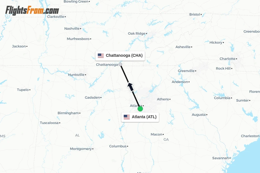 Flights from Atlanta to Chattanooga route map