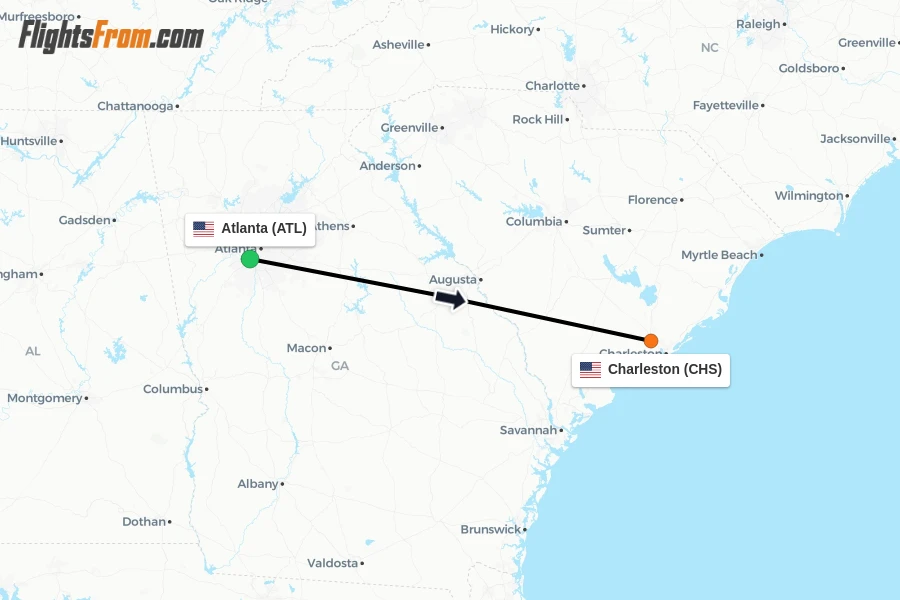 Flights from Atlanta to Charleston route map