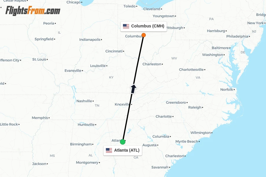 Flights from Atlanta to Columbus route map