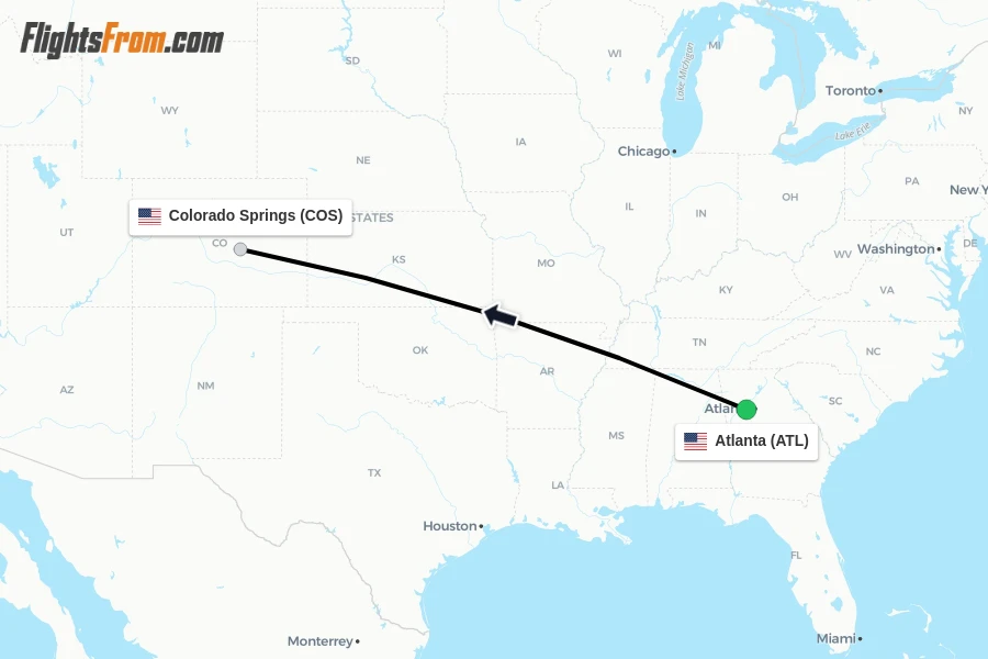 Flights from Atlanta to Colorado Springs route map