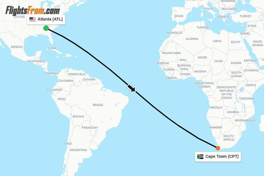 Flights from Atlanta to Cape Town route map