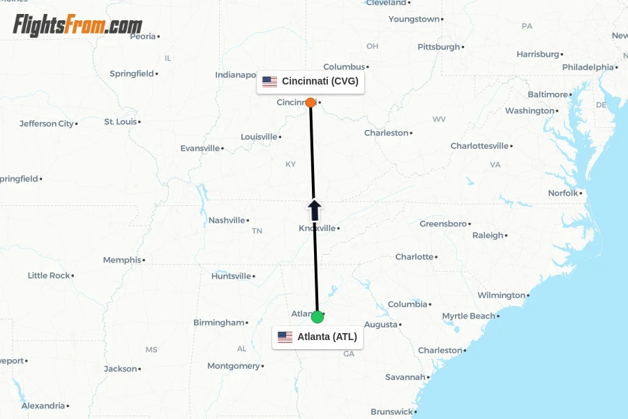Flights from Atlanta to Cincinnati route map