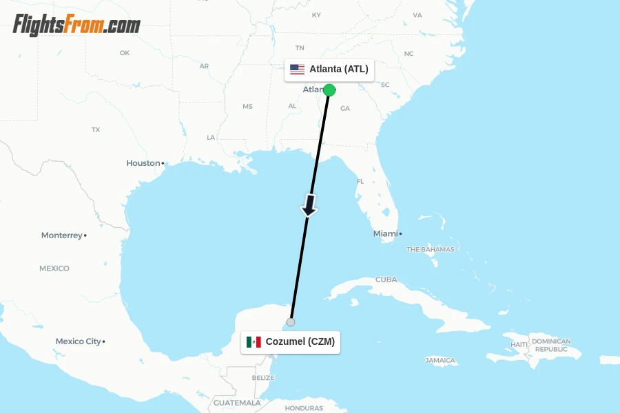 Flights from Atlanta to Cozumel route map