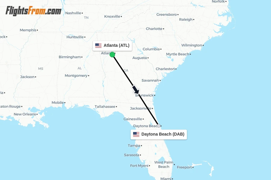 Flights from Atlanta to Daytona Beach route map