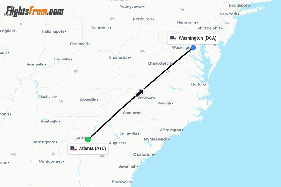 Flights from Atlanta to Washington route map