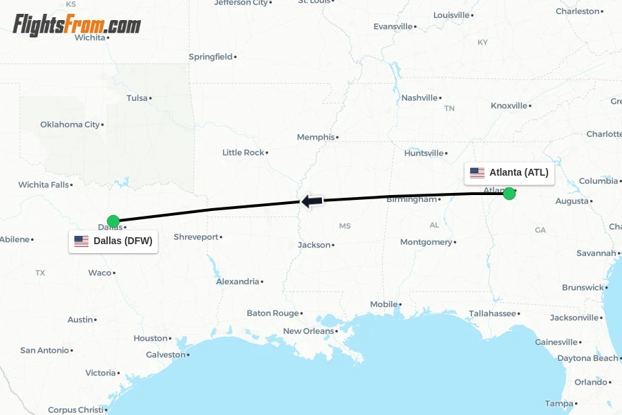 Flights from Atlanta to Dallas route map