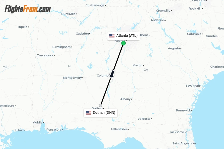 Flights from Atlanta to Dothan route map