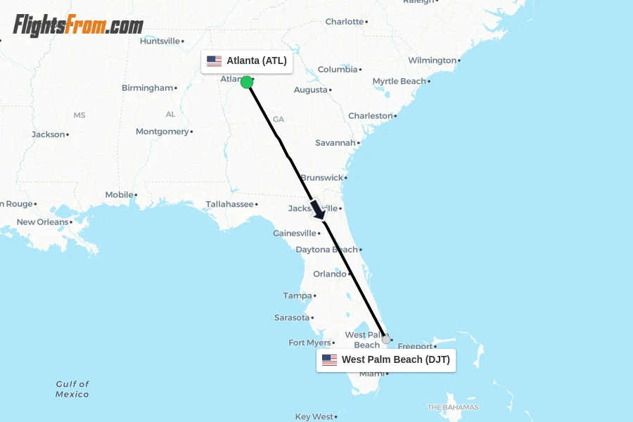 Flights from Atlanta to West Palm Beach route map