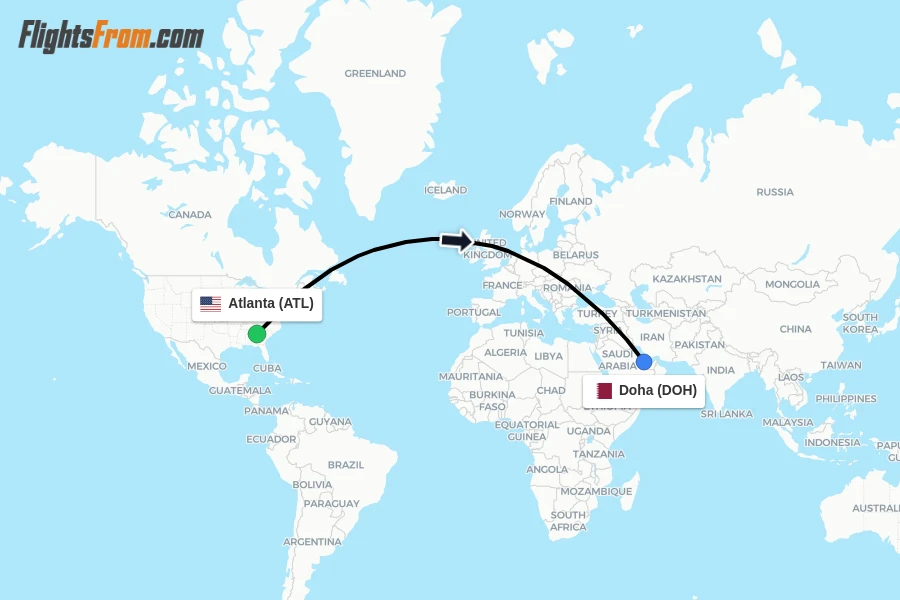 Flights from Atlanta to Doha route map