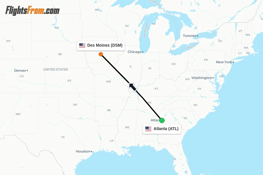 Flights from Atlanta to Des Moines route map