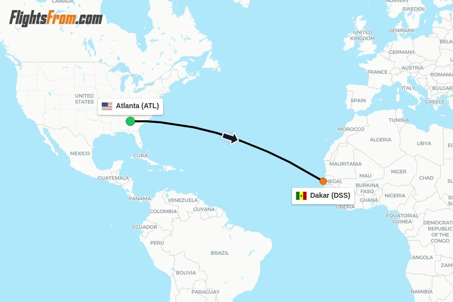 Flights from Atlanta to Dakar route map