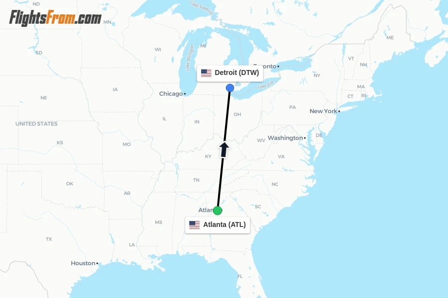 Flights from Atlanta to Detroit route map