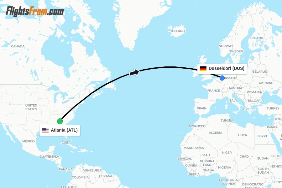 Flights from Atlanta to Dusseldorf route map