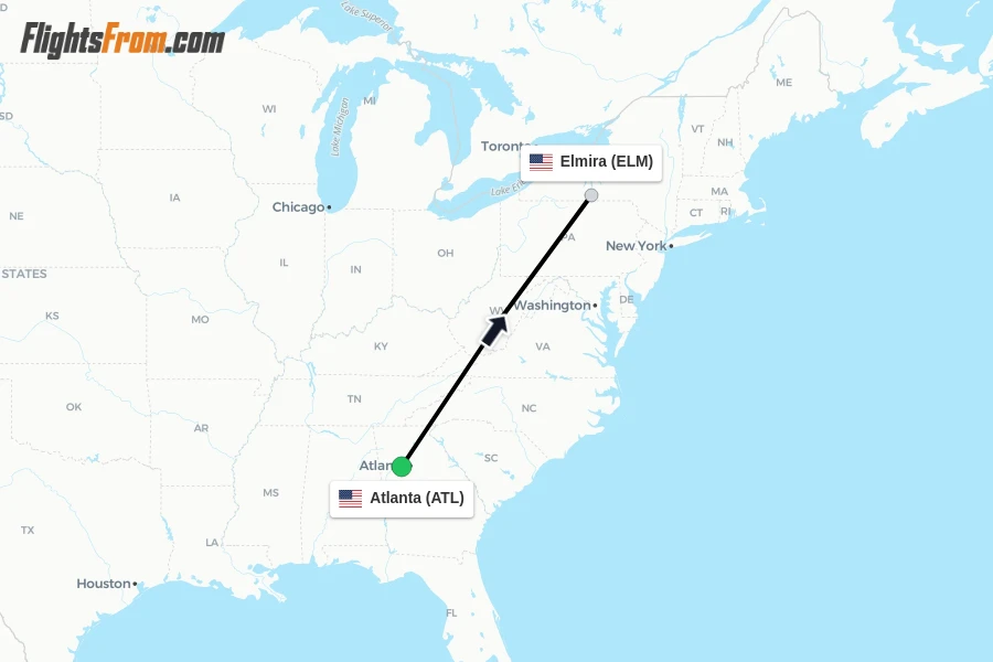 Flights from Atlanta to Elmira route map