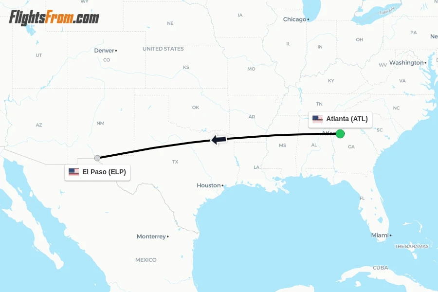 Flights from Atlanta to El Paso route map