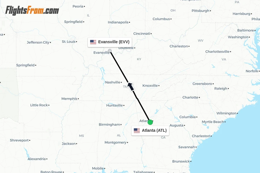 Flights from Atlanta to Evansville route map