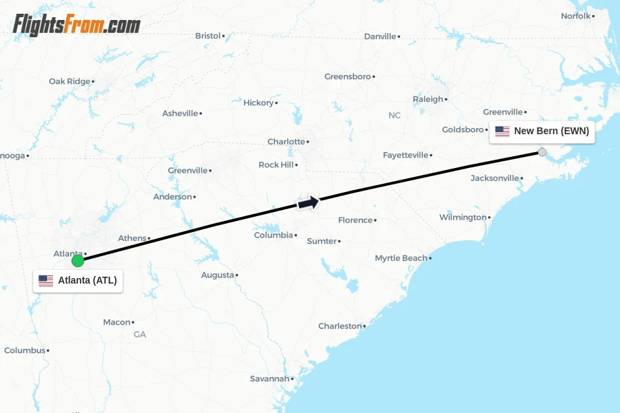 Flights from Atlanta to New Bern route map