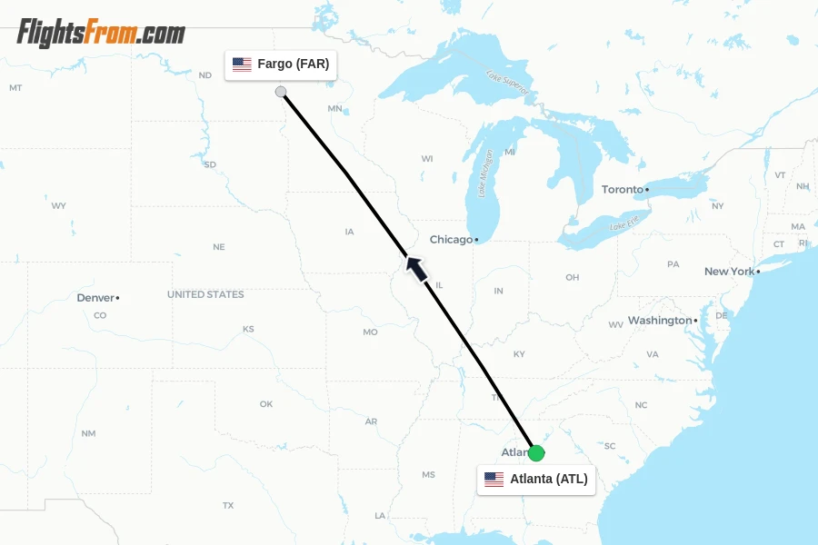 Flights from Atlanta to Fargo route map