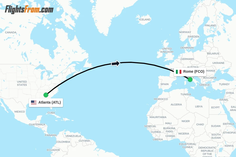 Flights from Atlanta to Rome route map