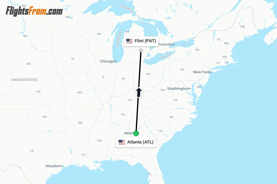 Flights from Atlanta to Flint route map