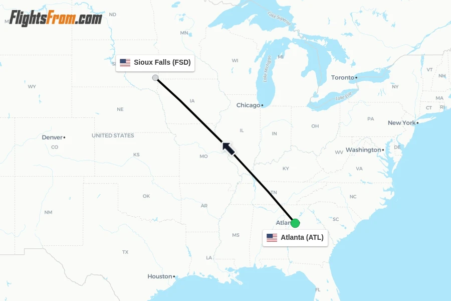 Flights from Atlanta to Sioux Falls route map