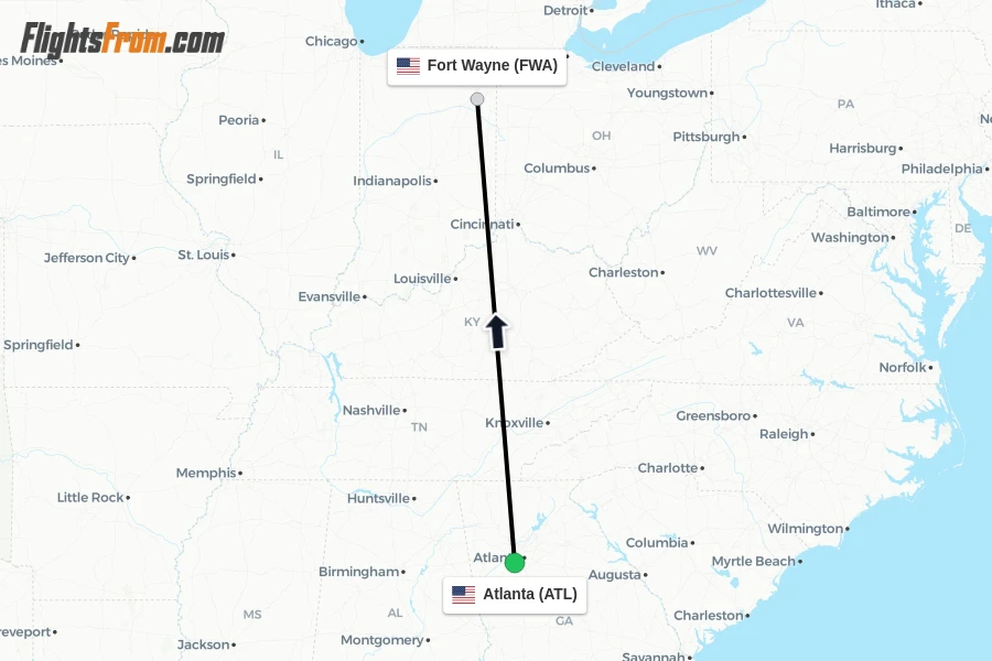 Flights from Atlanta to Fort Wayne route map